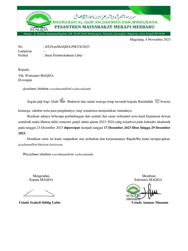 Surat Keterangan Liburan | PDF