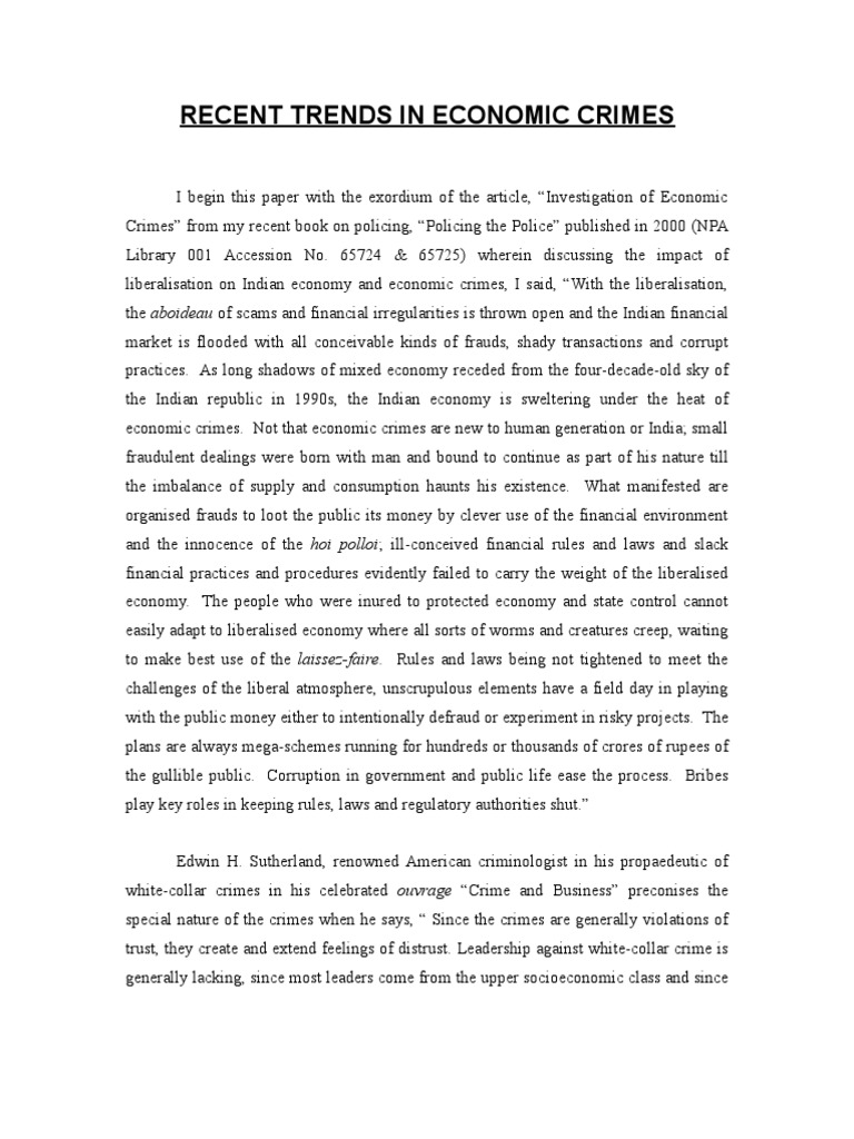 Praveen Kumar Police Policing 1 RECENT TRENDS IN ECONOMIC CRIMES | PDF