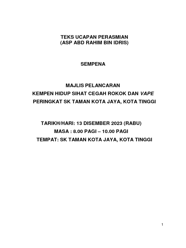Teks Perasmian Kempen Hidup Sihat Tanpa Rokok Dan Vape | PDF ...