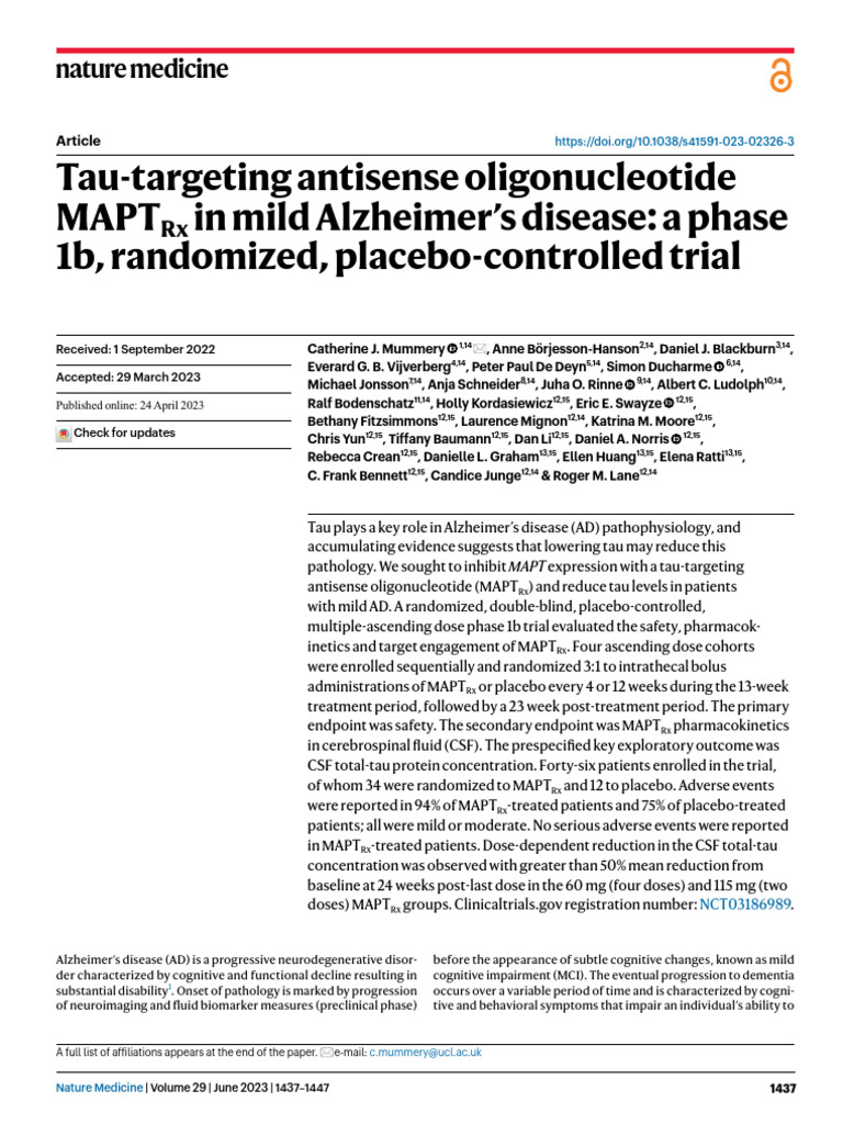 Tau-Targeting Antisense Oligonucleotide Mapt in Mild Alzheimer's ...