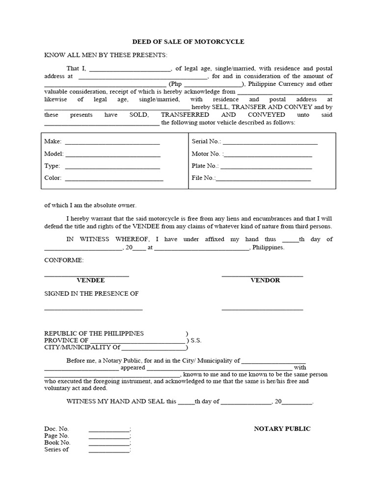 Motorcycle Deed of Sale Template | PDF | Business | Finance & Money ...