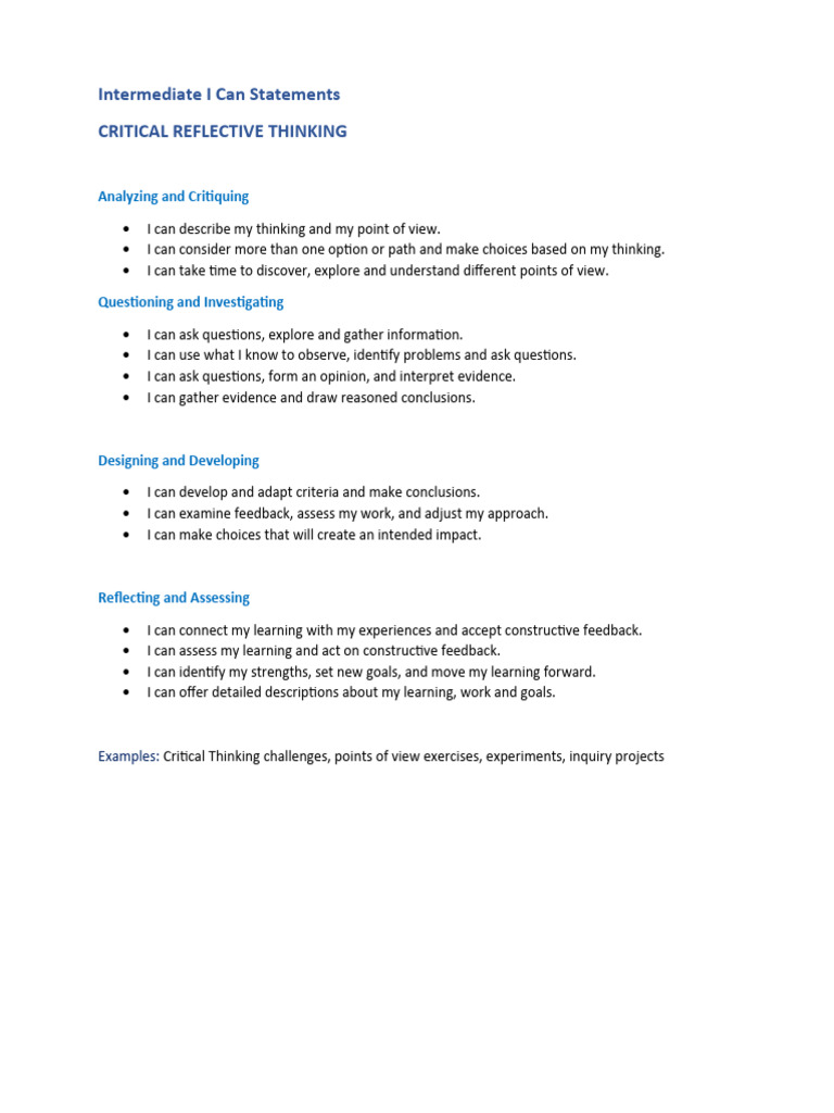 Critical thinking i can statements intermediate pdf