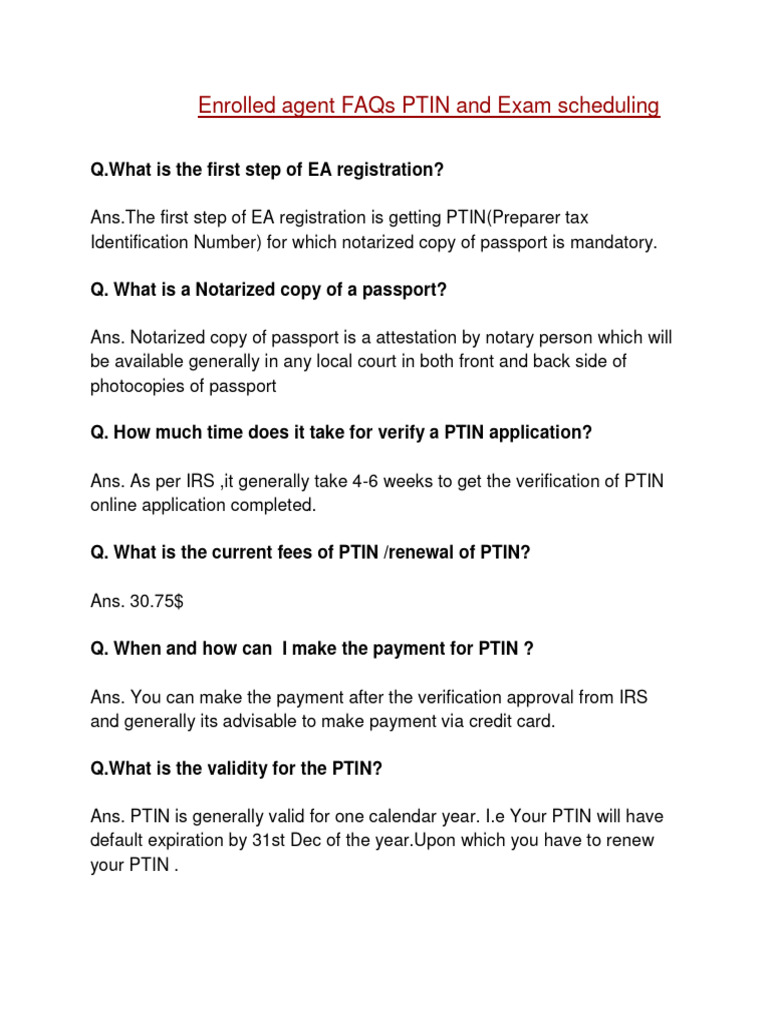Enrolled Agent FAQs PTIN and Exam Scheduling PDF