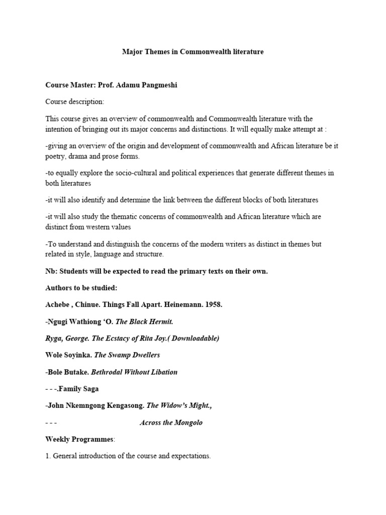 Course Outline On Major Themes in Commonwealth Literature For Bertoua 2023 PDF African