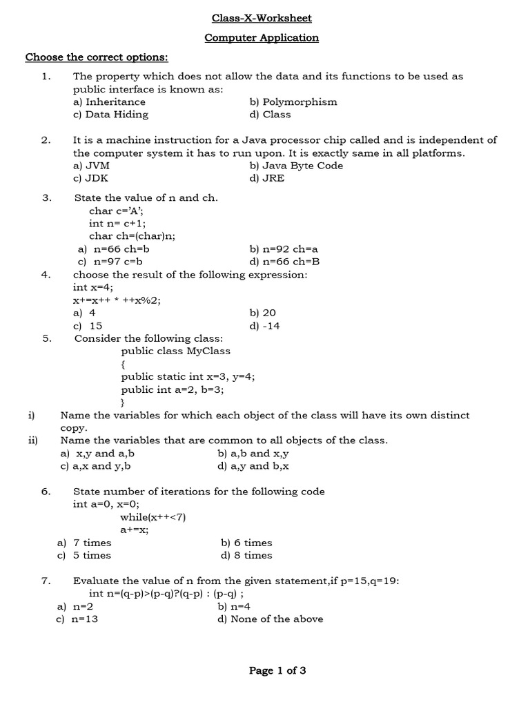 Class X Computer Application Worksheet | PDF | Class (Computer ...