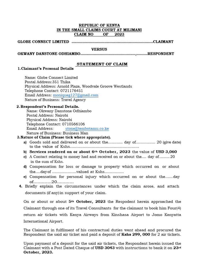 Small Claims Suit Globle Connect Edited PDF Cheque Banks