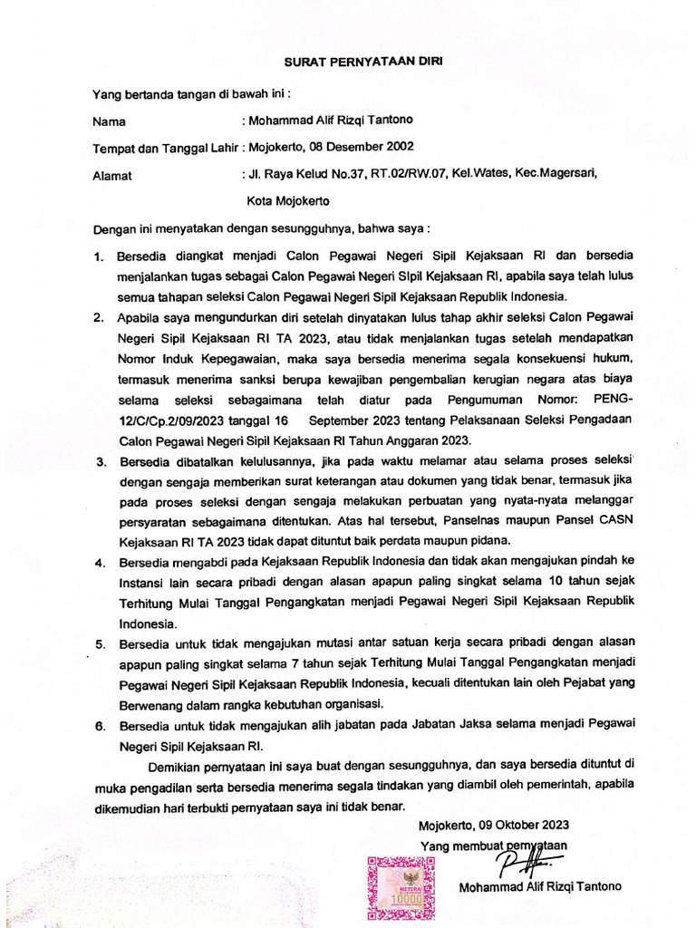 Surat Pernyataan Diri | PDF