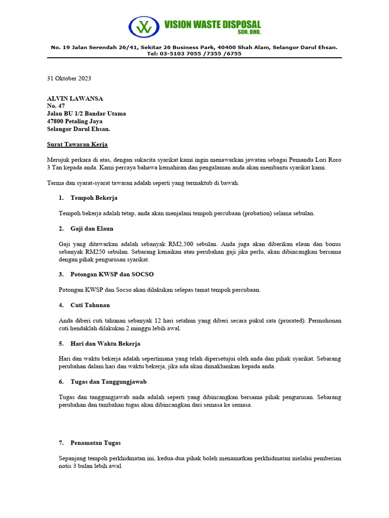Surat Tawaran Kerja Pdf