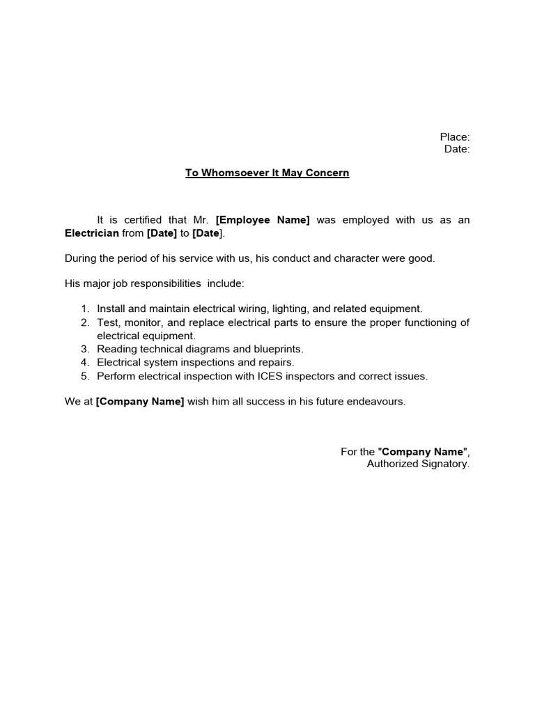 Electrician Experience Certificate Template | PDF