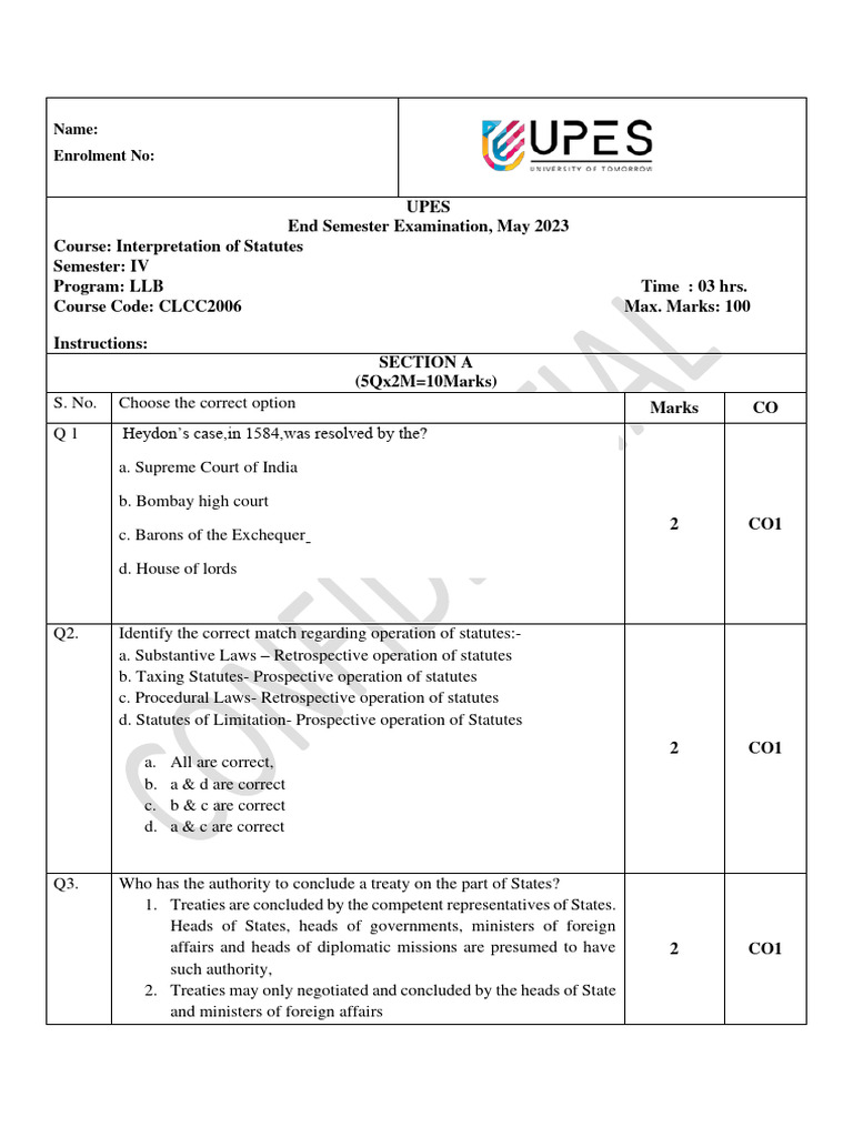 Interpretation of statutes 2023 question paper pdf justice crime