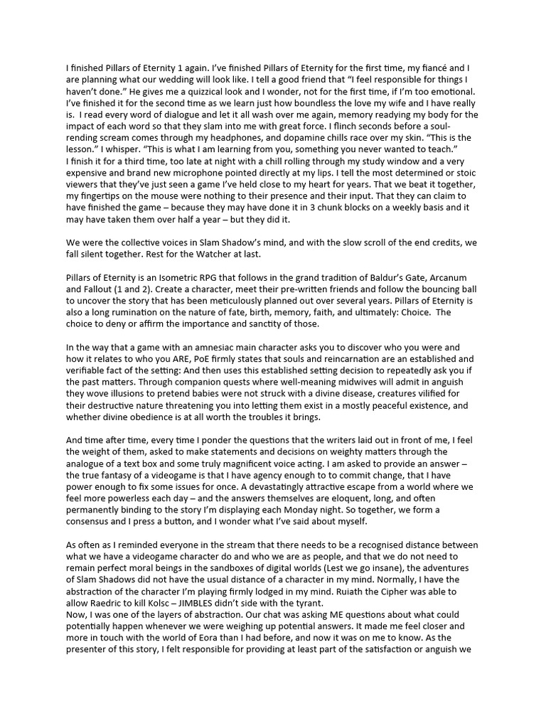 Pillars of Eternity Summary PDF