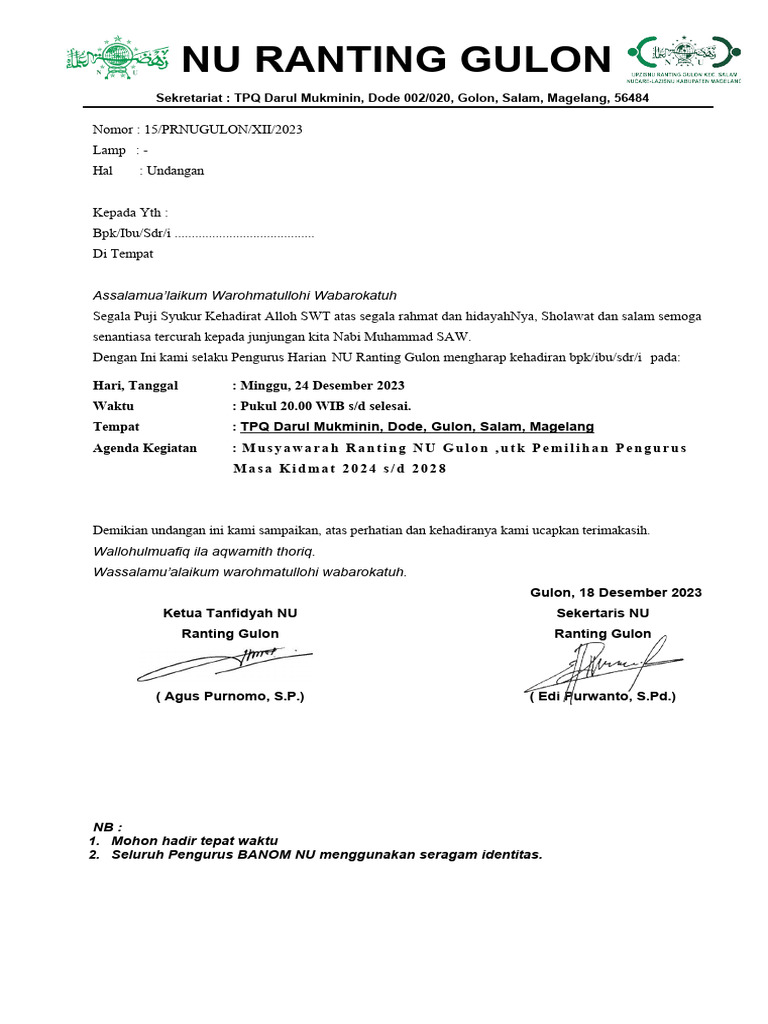 Undangan PH NU Ranting Gulon Bulan DESEMBER 2023 Ok | PDF
