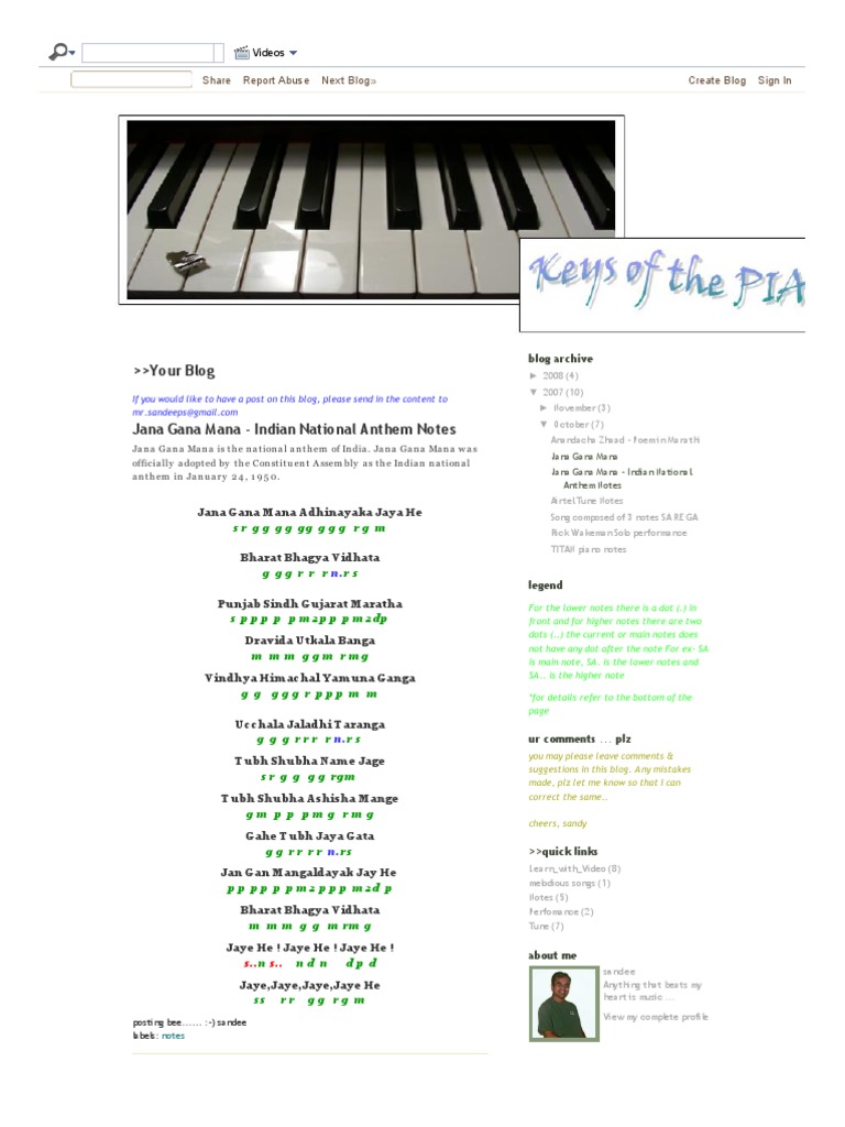Keys Of The Piano Jana Gana Mana Indian National Anthem Notes Pdf Entertainment Entertainment General