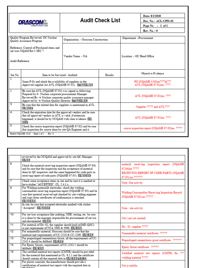 Audit Checklist for OC Nuclear QA | PDF | Business | Business Process