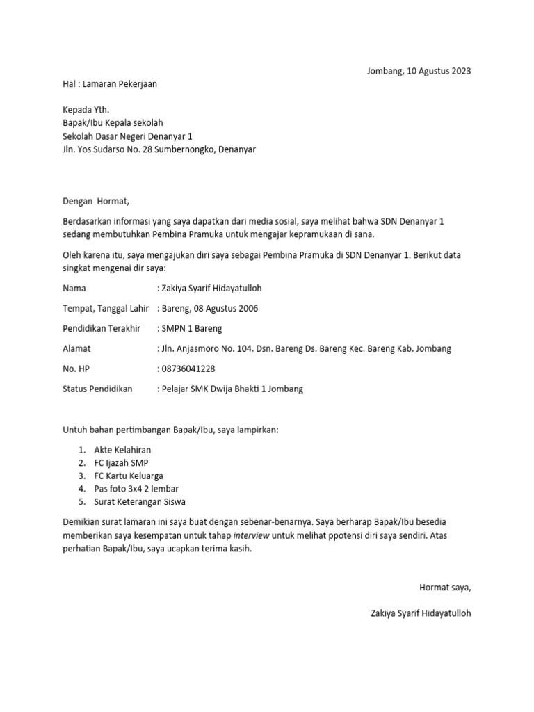 Surat Lamaran Kerja Zakiya | PDF