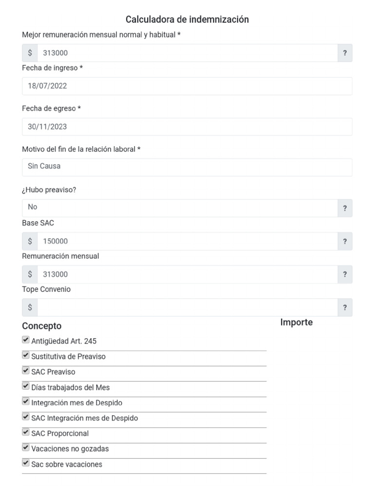 Calculo Indemnizacion | PDF