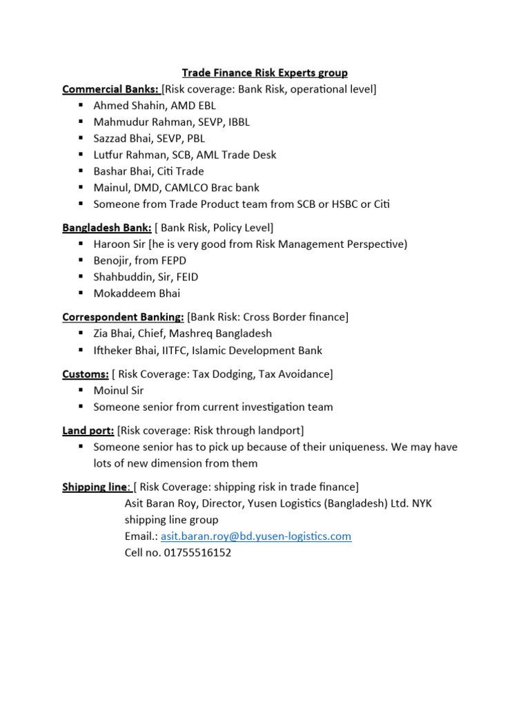 Trade Finance Risk Experts Overview | PDF