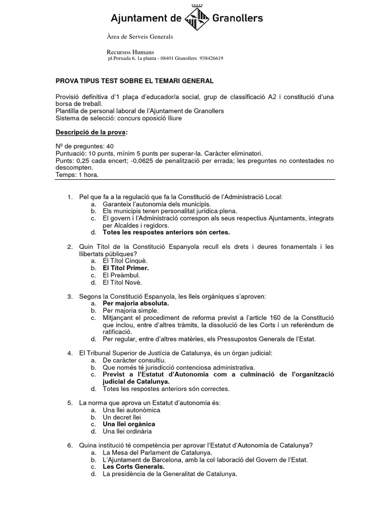 Examen Temes Generals Granollers | PDF