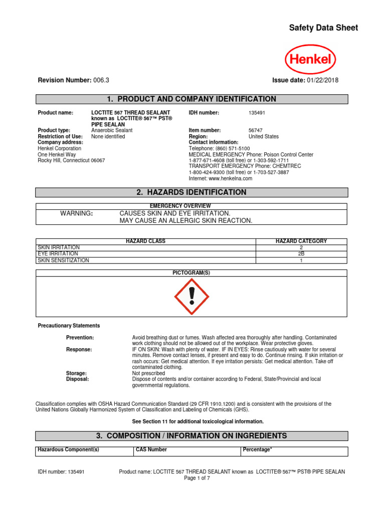 Loctite Pipe Sealant 567 SDS PDF PDF Dangerous Goods Safety