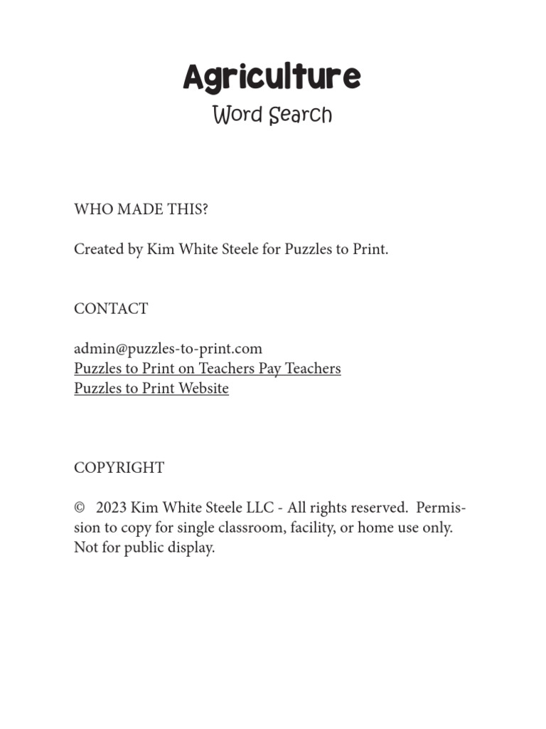 Agriculture Word Search PDF Word Search Word Puzzles