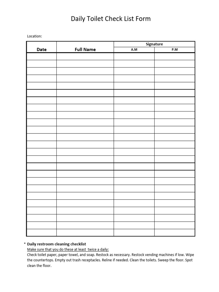 Daily Toilet Clean Checklist Simple | PDF
