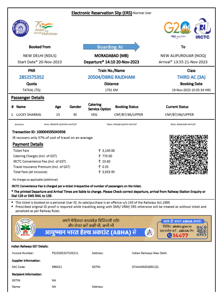 20504/Dbrg Rajdhani Third Ac (3A) | PDF | Identity Document