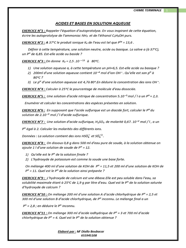 Exercices Acides et Bases Terminale S | PDF | Ph | Acide chlorhydrique