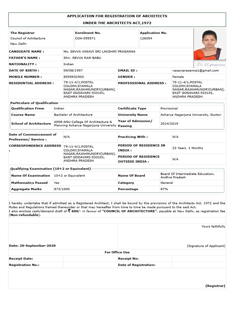 Architect Registration Application Form | PDF | Architect