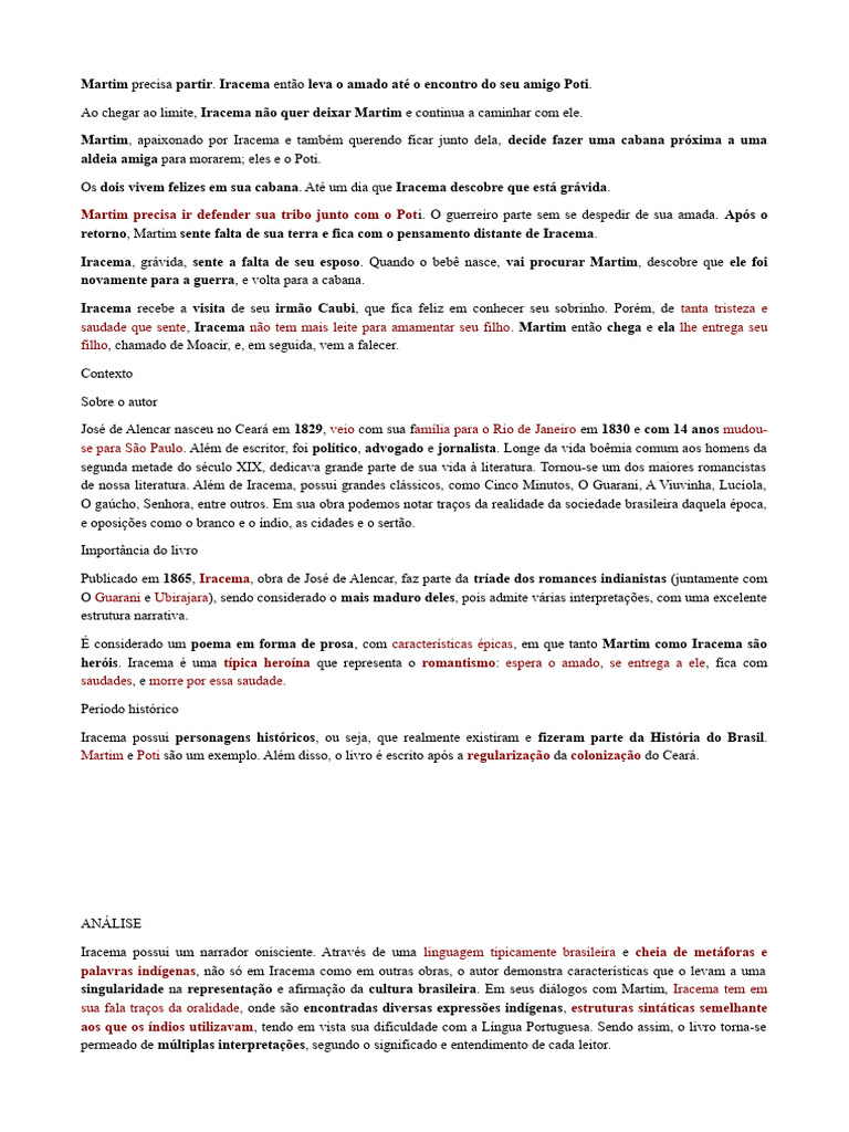 Resumo de Iracema de José de Alencar | PDF