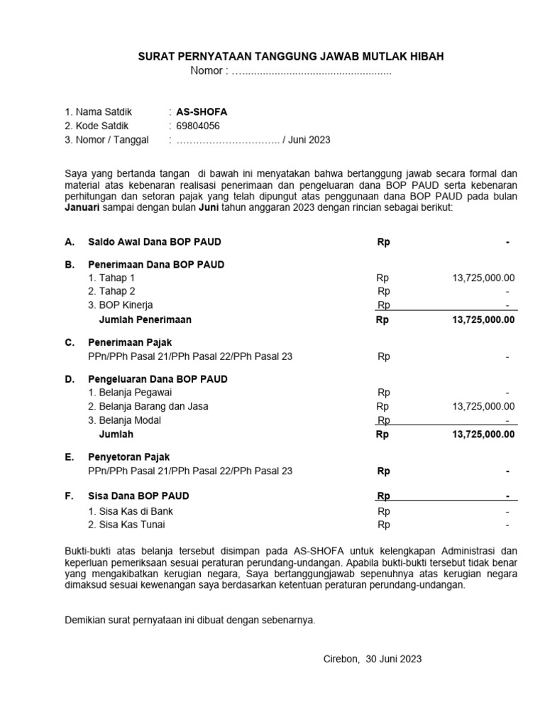 Format SPTJM Bop Paud 2023 Revisi Ok | PDF
