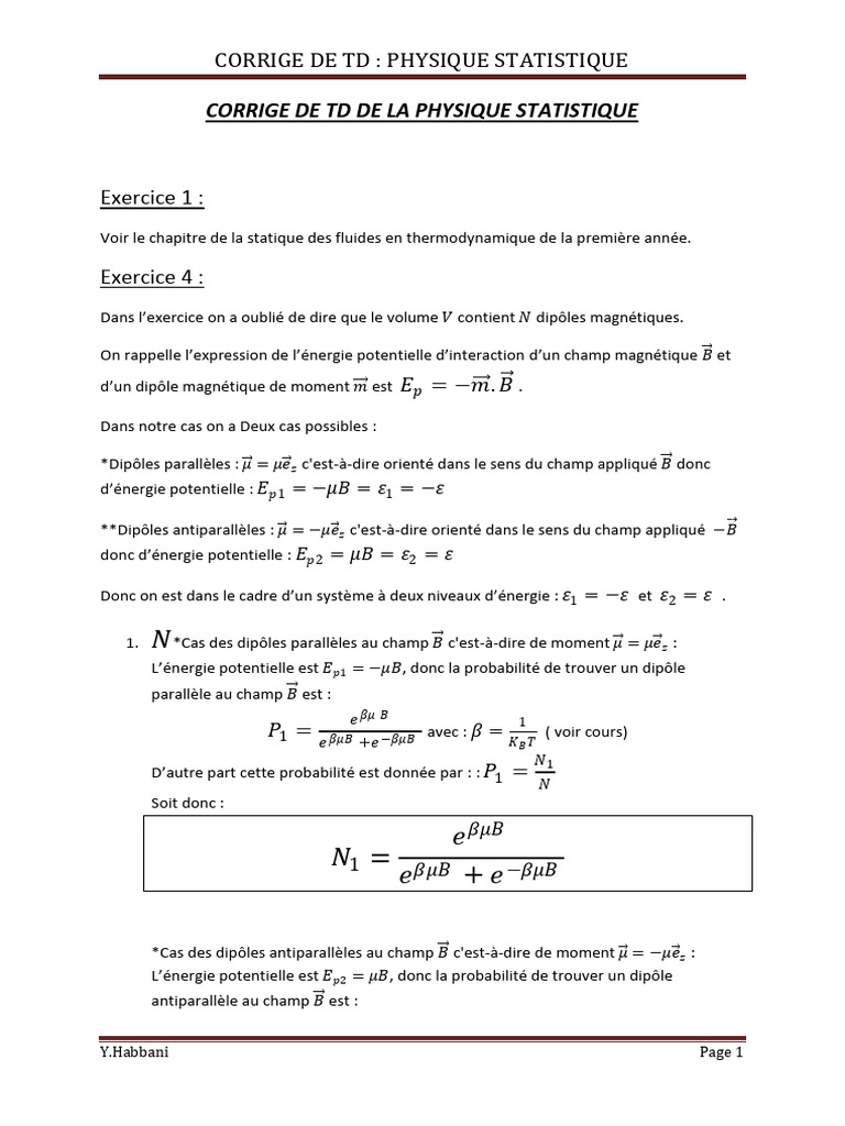 Corrigé TD de Physique Statistique | PDF