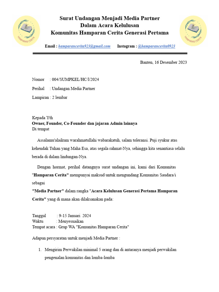 Surat Undangan Menjadi Media Partner Di Acara Kelulusan Generasi
