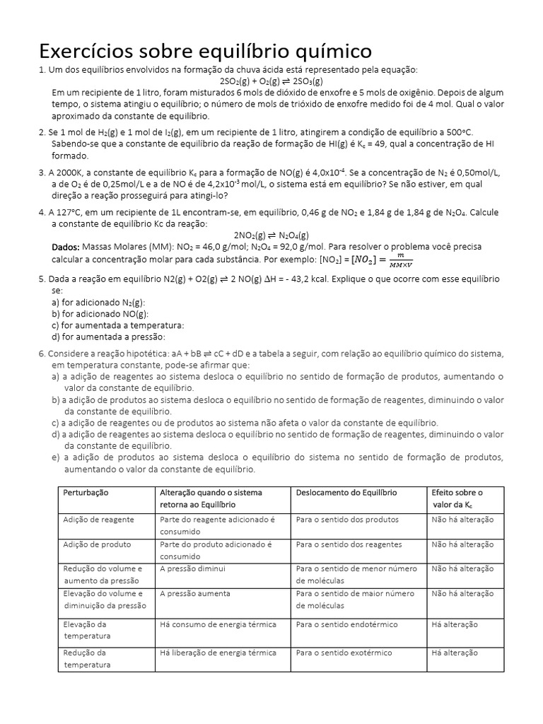 Exercicios Sobre Equilibrio Quimico | PDF | Equilíbrio químico ...