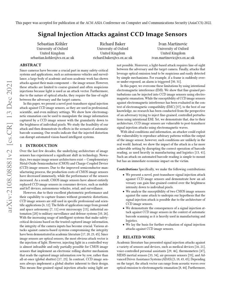 Signal Injection Attacks on CCD Sensors | PDF | Charge Coupled Device ...