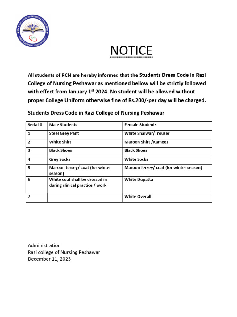 Dress Code For New Students PDF