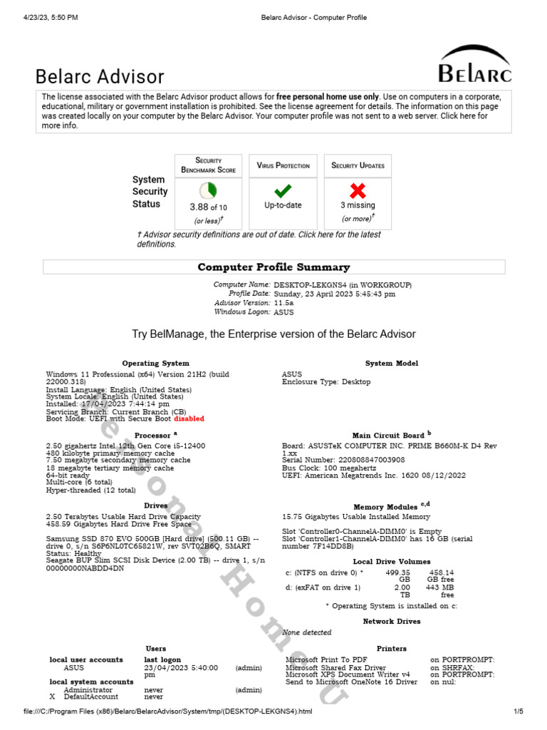 Belarc Advisor Computer Profile Download Free PDF Microsoft