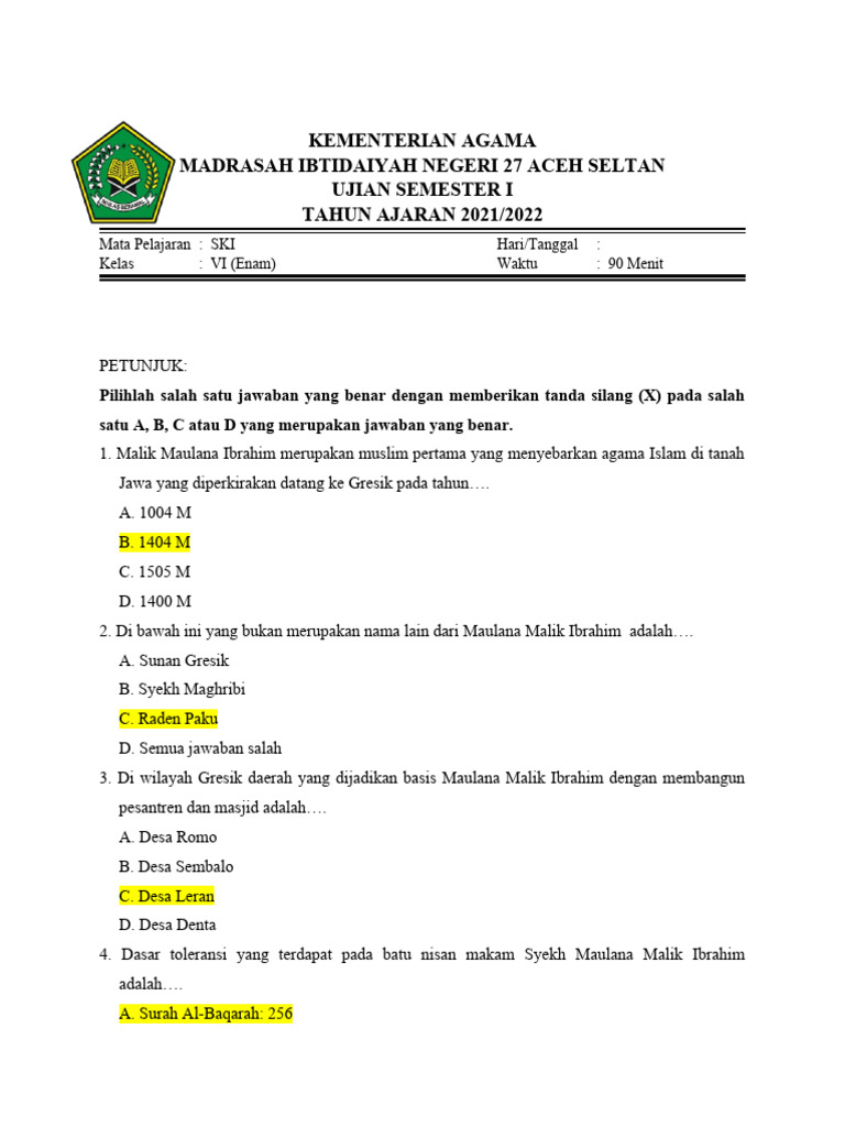 20 Soal Ulangan SKI Kelas 6 SD Semester 1 dengan Kunci Jawaban