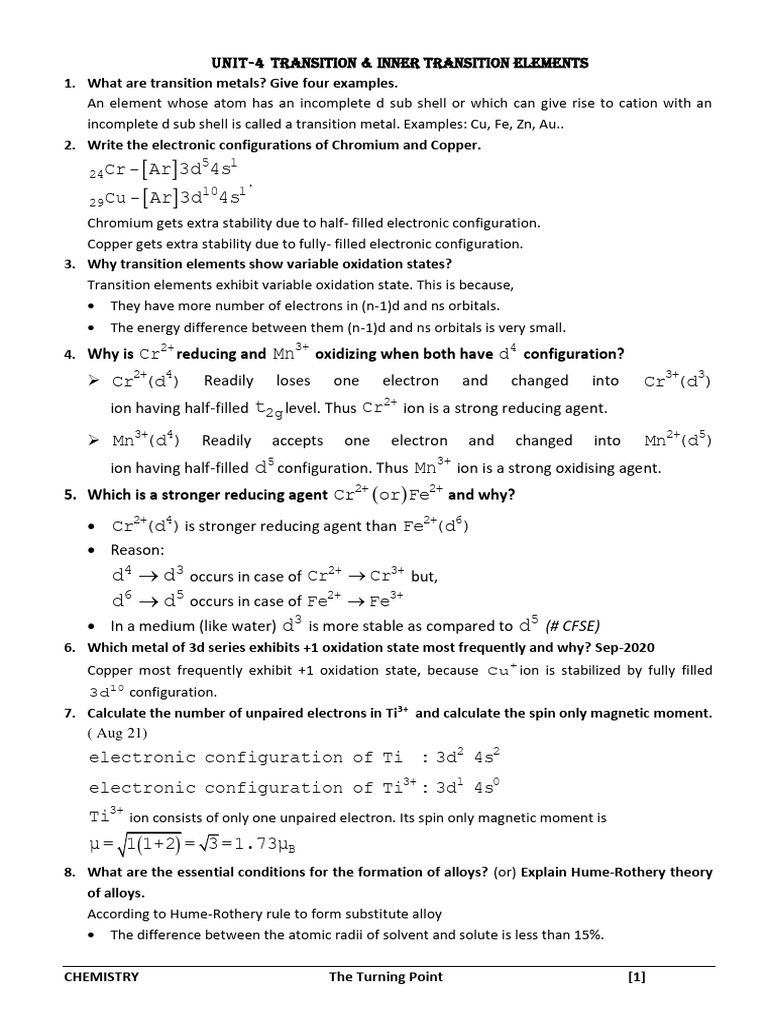 Unit 4 transition and inner transition elements mini 2023 pdf