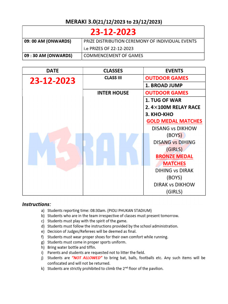 Meraki 3.0 Day 3 Events Schedule 2023-2024 | PDF | Sports | Multi Sport ...