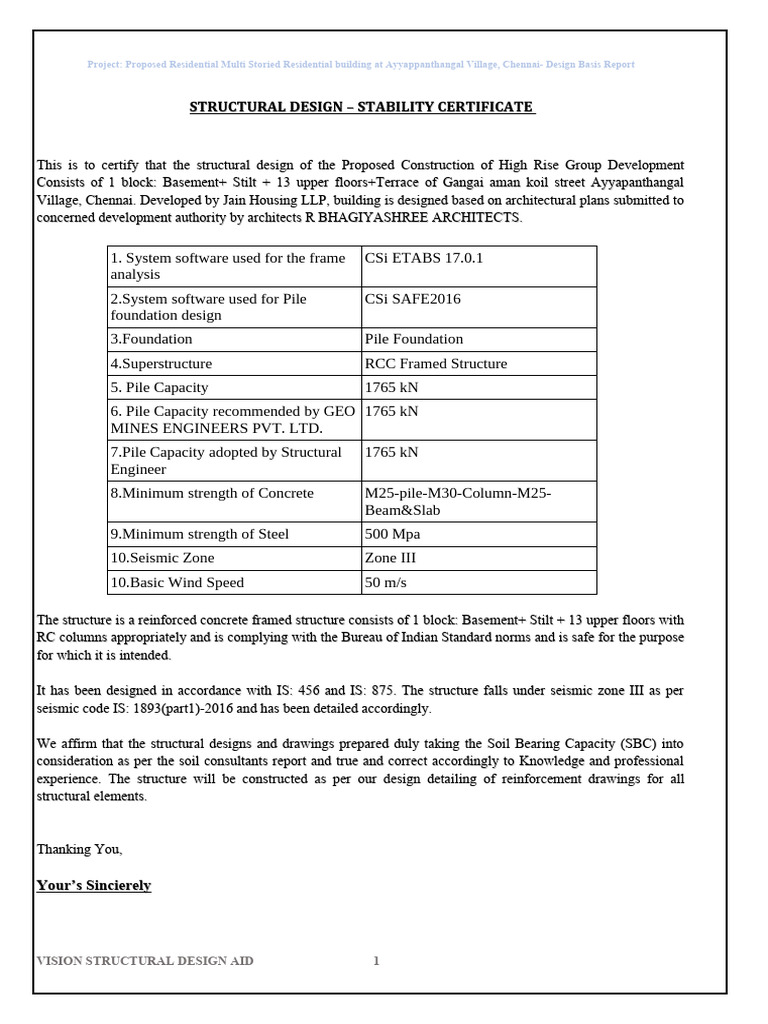 Stability Certificate for Chennai High Rise | PDF | Concrete | Beam ...