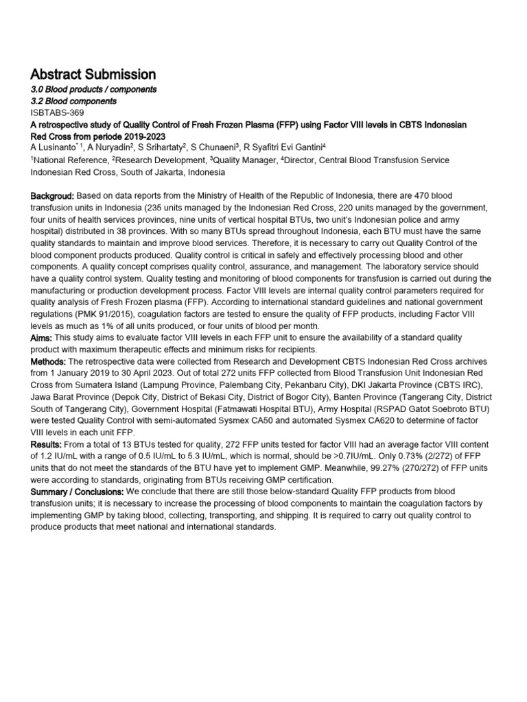Quality Control of Fresh Frozen Plasma | PDF | Tissue (Biology ...