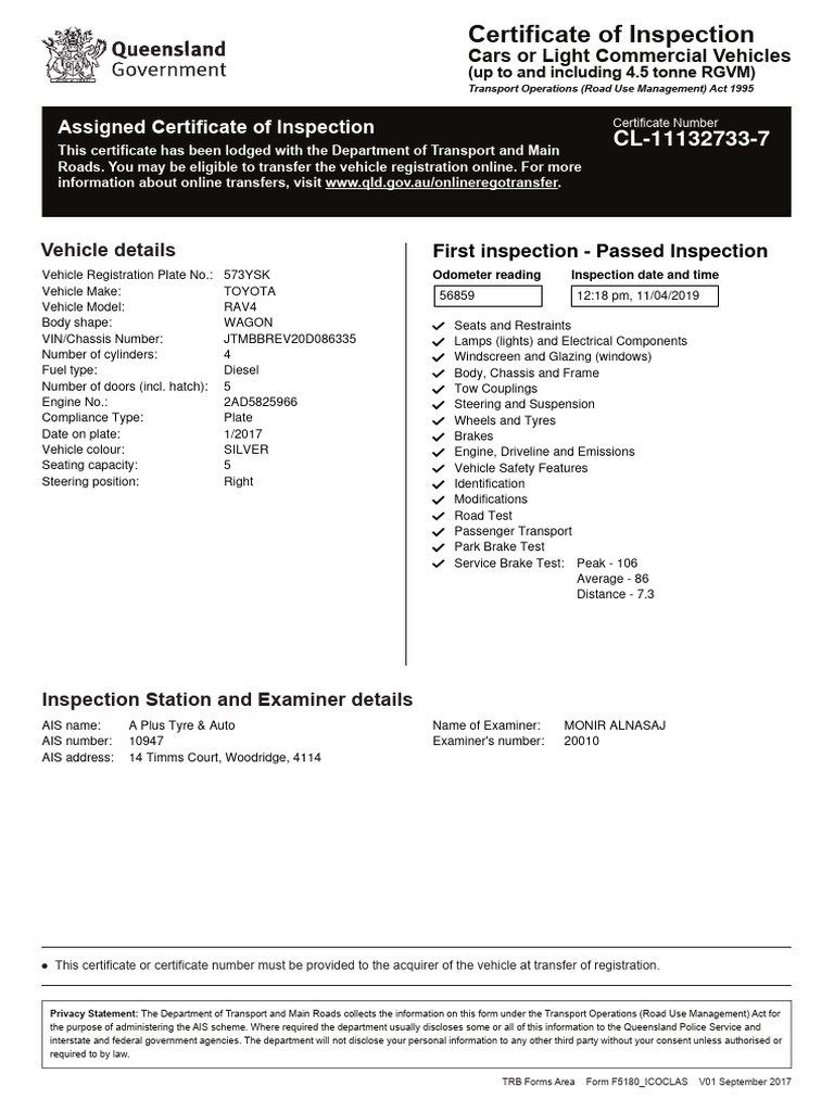 Toyota RAV4 Inspection Certificate | PDF | Vehicles | Car