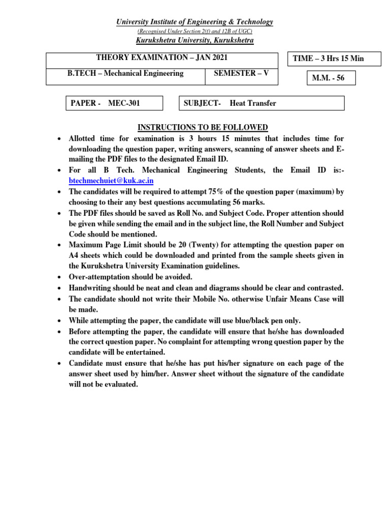 Exam Guide for Mech Eng Students | PDF | Heat Transfer | Thermal Insulation
