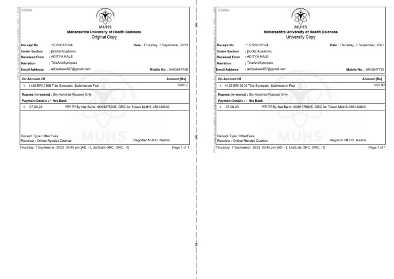 MUHS Online Payment Receipt 2023 | PDF | Payments | Financial Services