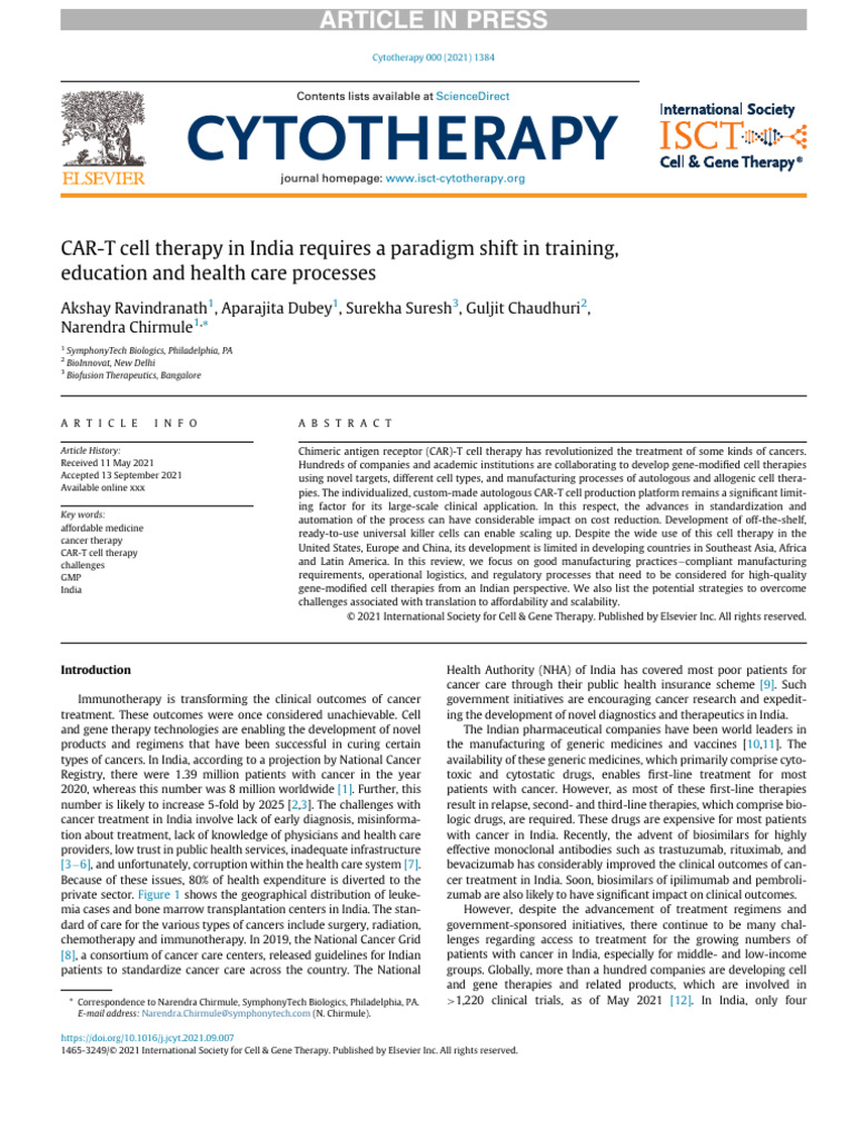 CAR-T Cell Therapy in India Requires A Paradigm Shift | PDF | Cell ...