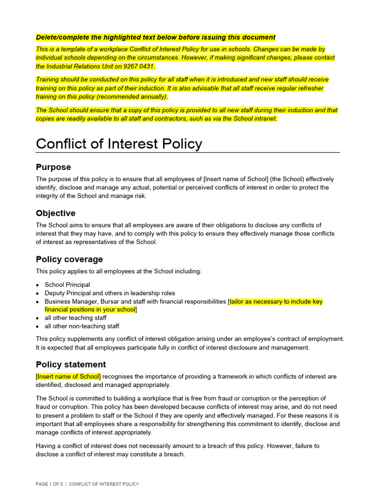 Conflict of Interest Policy Template | PDF | Conflict Of Interest