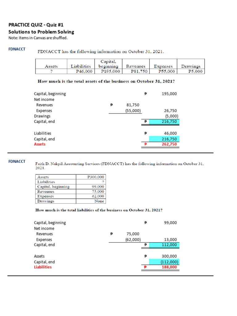 Practice+Quiz+ +quiz+#1 Solutions+to+Ps | PDF | Expense | Equity (Finance)