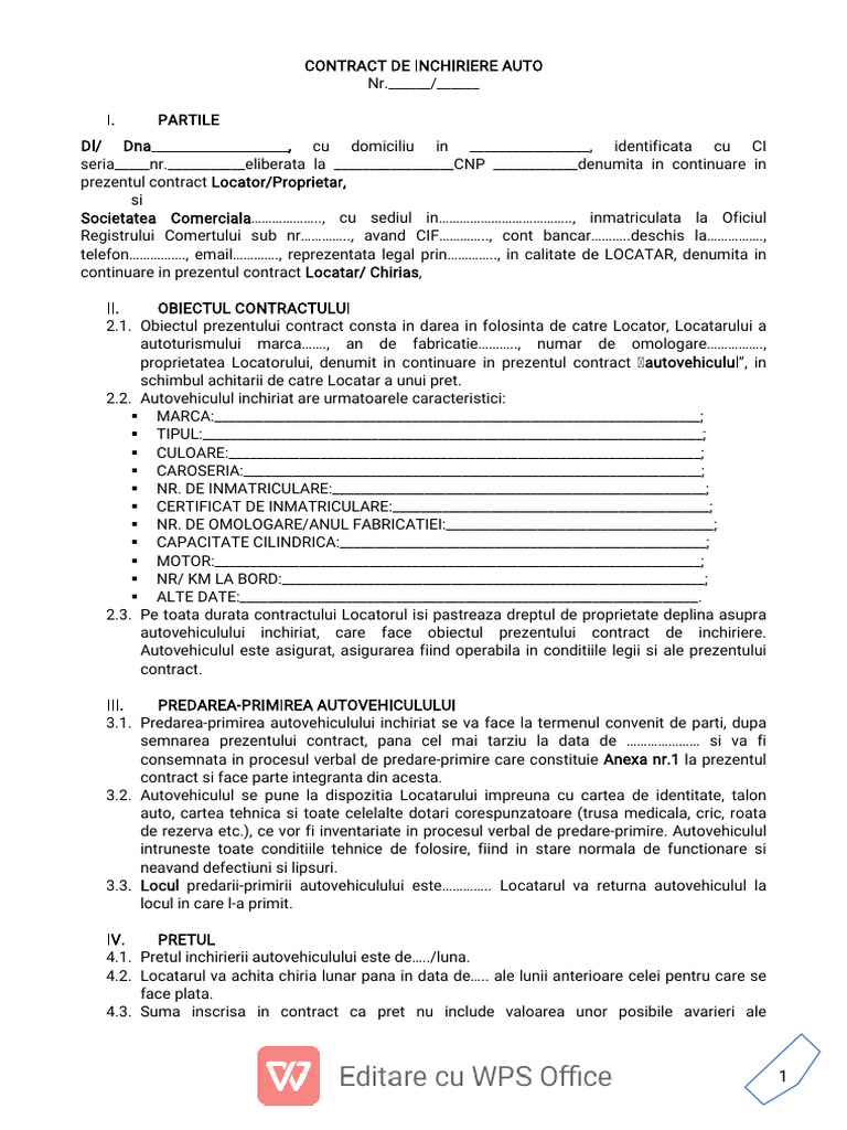 Model Contract Inchiriere Auto | PDF