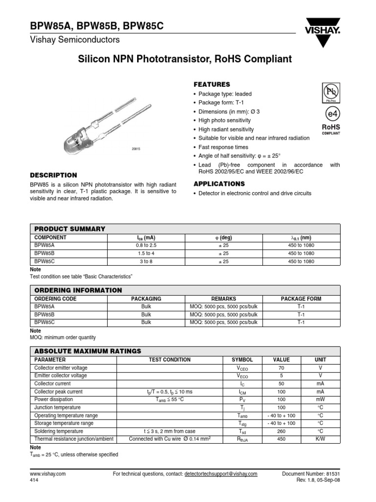 BPW85 Phototransistor PDF Bipolar Junction Transistor Electrical