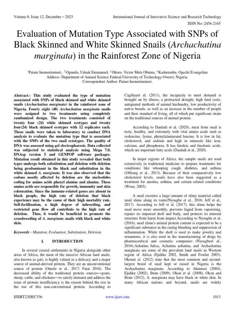 Evaluation of Mutation Type Associated With SNPs of Black Skinned and ...